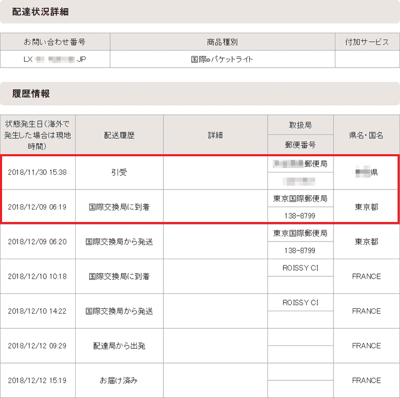 国際郵便の追跡結果