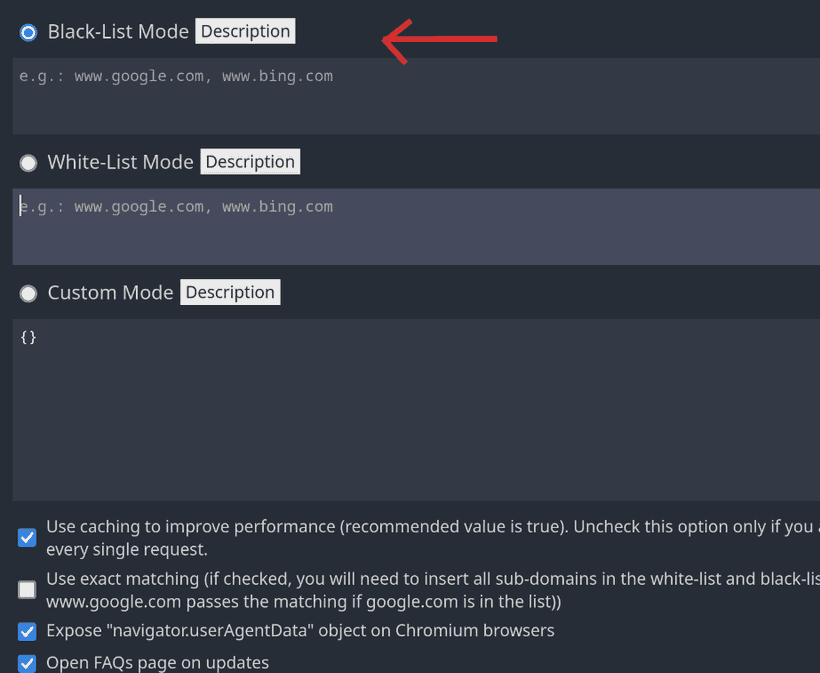 User-Agent Switcher and Managerのオプション設定画面