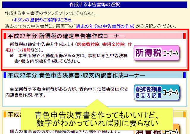 所得税の確定申告書作成コーナーボタン