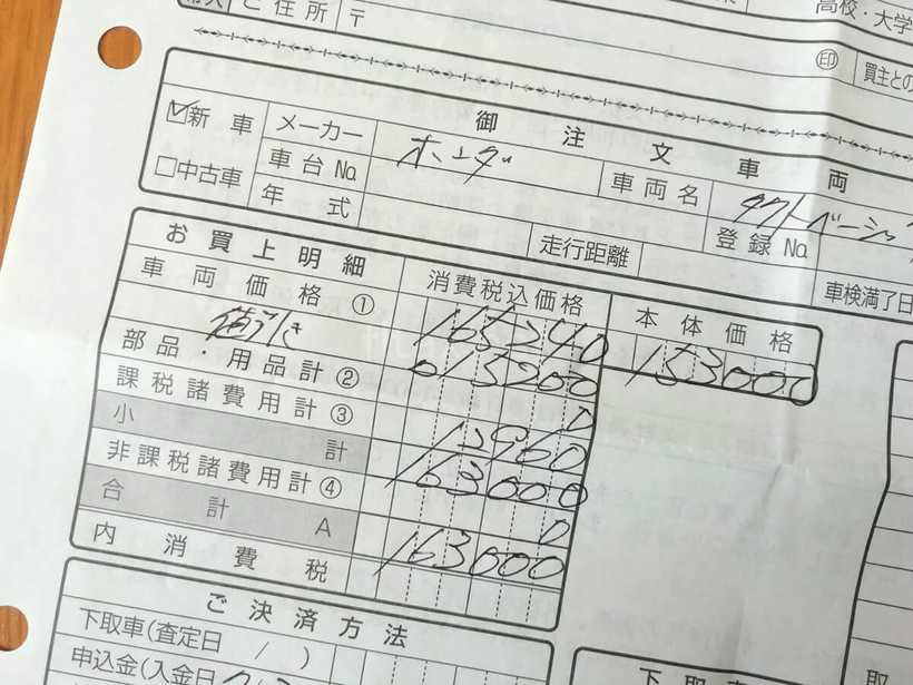 ホンダ・タクトベーシックの見積もり明細