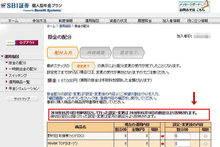 SBI証券のiDeCoの画面