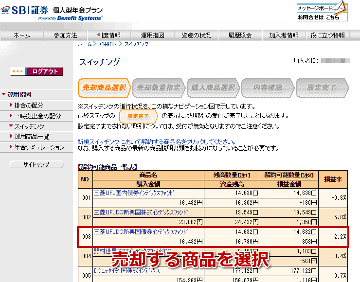 SBI証券のiDeCoのスイッチング画面