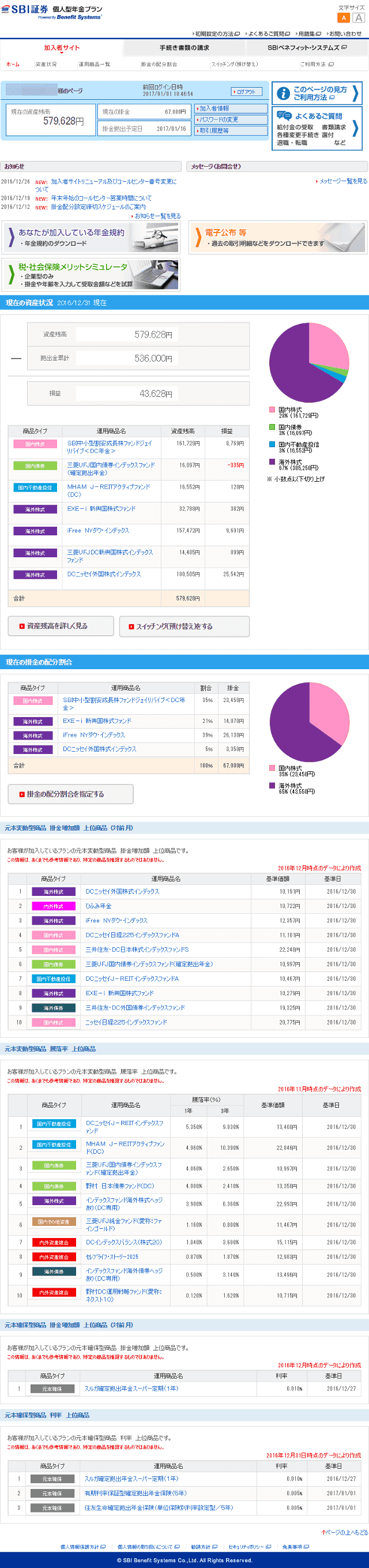 SBI証券 個人型DCの新ホーム画面