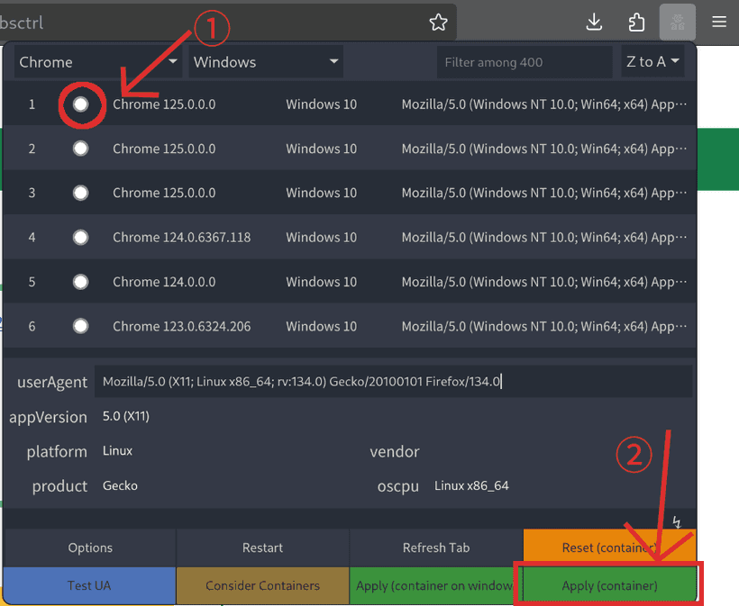 User-Agent Switcher and Managerの設定画面
