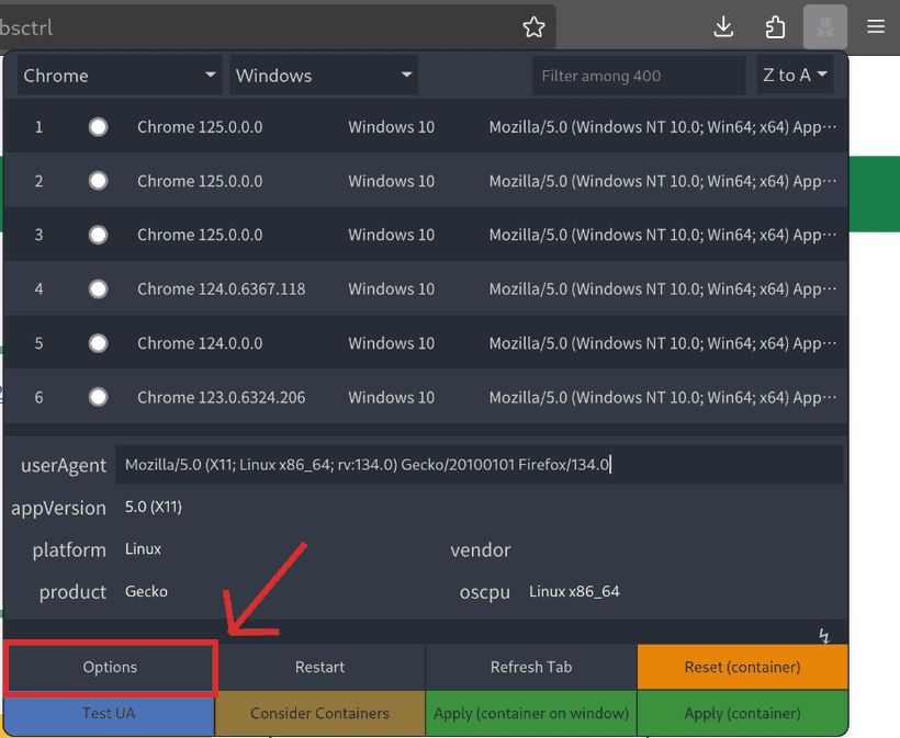 User-Agent Switcher and Managerの設定画面