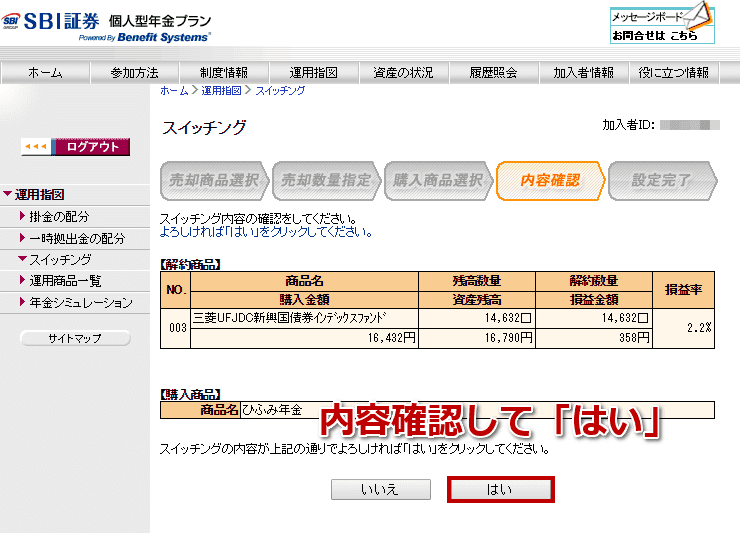 SBI証券のiDeCoのスイッチング確認画面